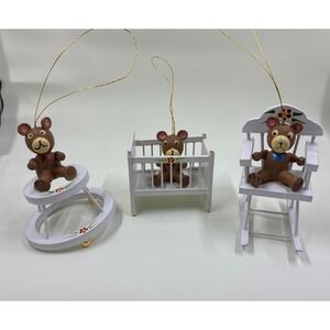 3 Vintage Handmade Painted Wood Teddy Bears Ornaments Rocking Chair Crib Walker